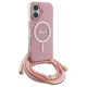 Guess dėklas iPhone 16 telefonui Crossbody Cord Script MagSafe, rožinis