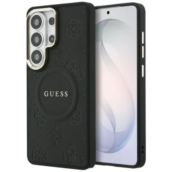 Guess Saffiano Peony Embossed Ring MagSafe dėklas Samsung Galaxy S26 Ultra, juodas