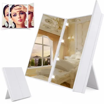 Folding Cosmetic Mirror with LED Light and Stand, White