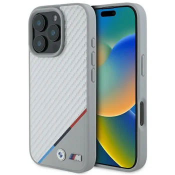 BMW dėklas iPhone 16 Pro telefonui M Carbon Tricolor Line MagSafe, pilkas