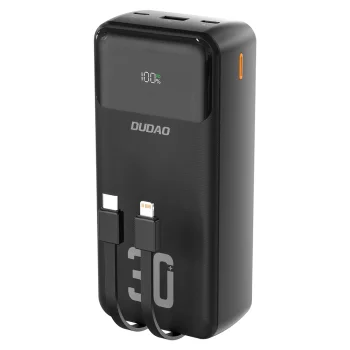 Dudao K15MAX 30000mAh PD 22.5W išorinė baterija su integruotais laidais, juoda