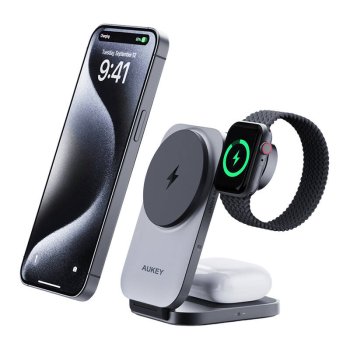 Belaidis įkroviklis 3-in-1 Aukey LC-MC312 MagFusion, 15W Qi2, pilkas