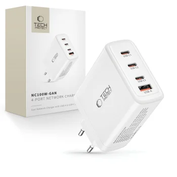 Tech-Protect NC100W-GAN GaN Wall Charger 3x USB-C PD 100W / USB-A QC 3.0 - White