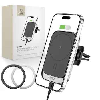Tech-Protect CW19 MagSafe Magnetic Car Holder with 15W Wireless Charger, Black