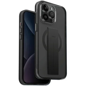 Uniq Heldro MAG dėklas iPhone 15 Pro su FlexGrip dirželiu, juodas