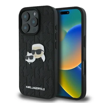 Karl Lagerfeld dėklas iPhone 16 Pro telefonui Monogram Karl & Choupette, juodas