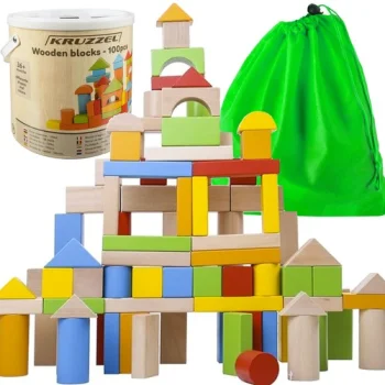 Kruzzel Wooden Blocks, 100 pcs with Bucket and Sorter