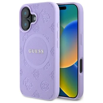 Guess Saffiano Peony Classic Logo MagSafe dėklas iPhone 16 Plus, violetinis