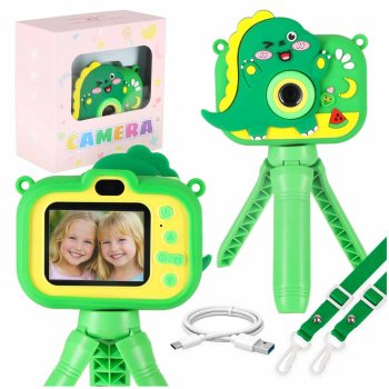 Vaikams skirtas fotoaparatas su trikoju ir 8GB kortele, Dinozauras, žalias