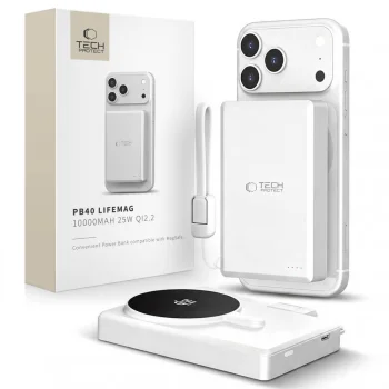 Tech-Protect PB40 LifeMag išorinė baterija 10000mAh Qi2.2 25W, balta/sidabrinė