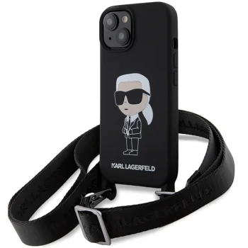 Karl Lagerfeld dėklas iPhone 15 telefonui su virvele Crossbody Silicone Ikonik, juodas
