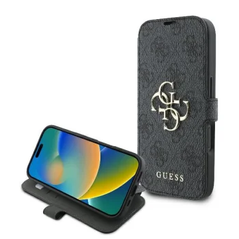 Guess 4G Metal Logo atverčiamas dėklas iPhone 16 telefonui, juodas