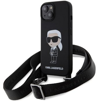 Karl Lagerfeld dėklas iPhone 15 telefonui su virvele Crossbody Silicone Ikonik, juodas