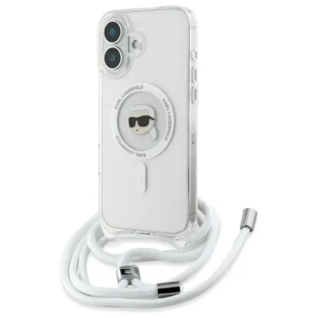 Karl Lagerfeld dėklas iPhone 16 su Crossbody virvele ir MagSafe, skaidrus