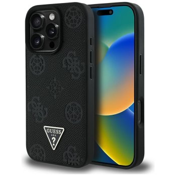 Guess Grained Hot Stamp Peony Triangle Logo MagSafe dėklas iPhone 16 Pro Max, juodas