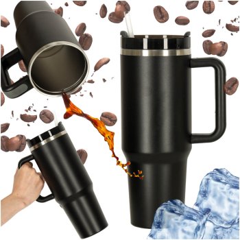 Terminis puodelis su šiaudeliu ir rankena, 1200 ml, Juodas