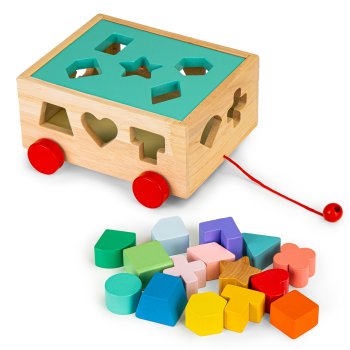 ECOTOYS Wooden Shape Sorter & Pull Along Cart with Blocks for Toddlers
