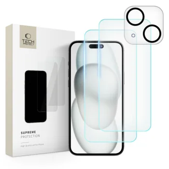 Tech-Protect Supreme apsauginių stiklų rinkinys iPhone 15, 2x ekranui / 1x kamerai