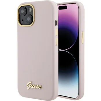 Guess Silicone Script Metal Logo & Frame dėklas iPhone 15 telefonui, rožinis