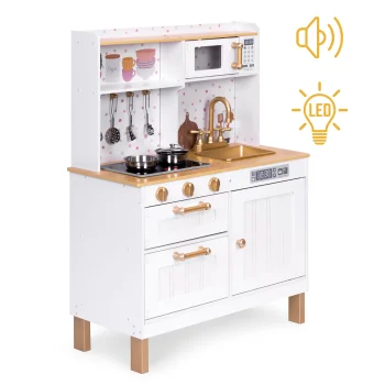 Didelė medinė žaislinė virtuvėlė Ecotoys 7275 su garsu ir LED, 7 priedai