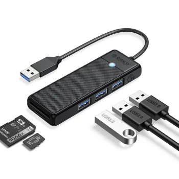 Orico USB šakotuvas su 3x USB-A 3.0 ir microSD/SD kortelių skaitytuvu, 1 m, juodas