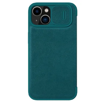 Atverčiamasis dėklas Nillkin Qin Leather Pro Case skirtas iPhone 14 Plus su kameros dangteliu, žalias