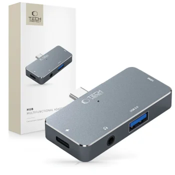 Tech-Protect V6 4-in-1 USB-C šakotuvas (HDMI, USB-A, PD 100W, Audio), pilkas