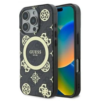 Guess dėklas iPhone 16 Pro su MagSafe, IML Peony On 4G Background, juodas