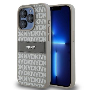 DKNY Leather Mono Stripe dėklas, skirtas iPhone 15 Pro Max, smėlio spalvos