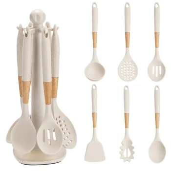 Silicone Kitchen Utensil Set with Stand, 6 Pieces, Beige