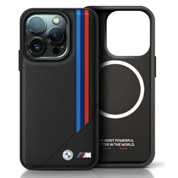 BMW dėklas iPhone 16 Pro Max telefonui M Meshed Tricolor Stripes MagSafe, juodas