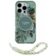 Guess IML Flowers dėklas su perlų dirželiu ir MagSafe skirtas iPhone 16 Pro, žalias