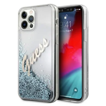 Dėklas iPhone 12 Pro Max telefonui Guess Glitter Vintage Script, mėlynas