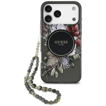 Guess IML Flowers Pearl Strap MagSafe case for iPhone 18 Pro Max / 17 Pro Max, black