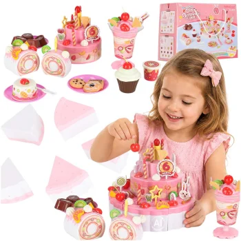 Three-Tier Toy Birthday Cake with Velcro Cutting, Lights and Music, 117 Pieces, Pink