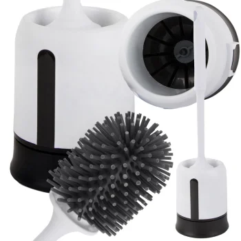 Silicone toilet brush with holder, leakproof base, white-black