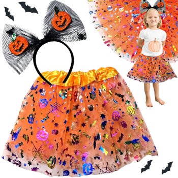 Girls' Halloween costume with tutu skirt and glitter pumpkin headband, orange