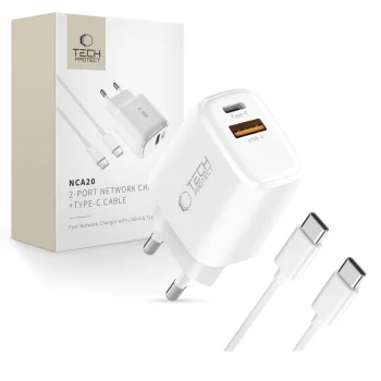 Tech-Protect NCA20 PD 20W QC3.0 USB-A / USB-C Wall Charger + USB-C Cable 100cm - White