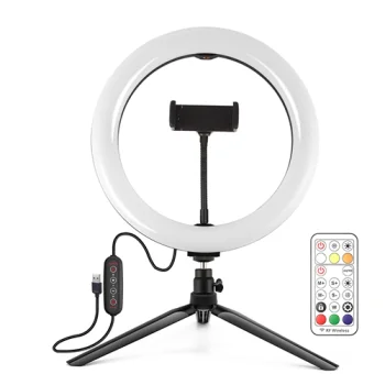 LED žiedinė lempa 26 cm su stovu, telefono laikikliu ir pulteliu