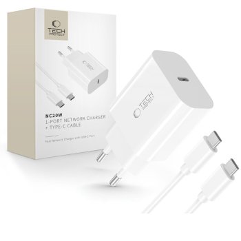 Tech-Protect NC20W PD 20W USB-C įkroviklis su USB-C laidu, baltas