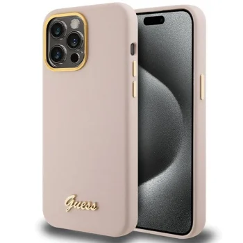 Guess iPhone 15 Pro Case Silicone Script Metal Logo & Frame, Pink