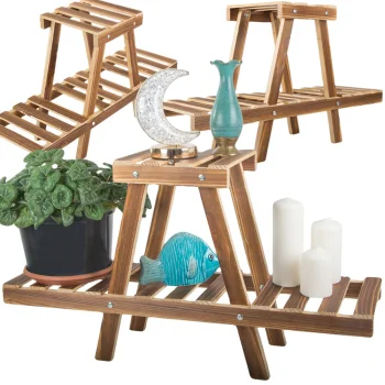 Dviejų aukštų medinis stovas augalams, 44 cm, rudas