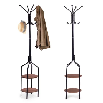 Pastatoma drabužių kabykla ModernHome su 2 lentynomis ir 8 kabliukais, 180 cm, juoda