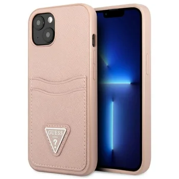 Guess Saffiano Triangle dėklas su kortelių dėklu iPhone 13 mini, rožinis
