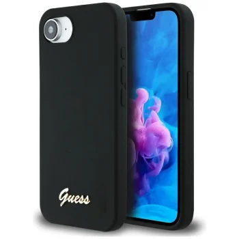 Guess Silicone Script Metal Logo MagSafe iPhone 16e dėklas, juodas