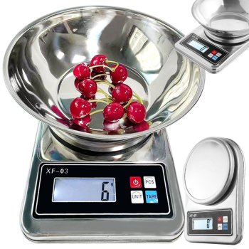 Elektroninės virtuvinės svarstyklės su metaliniu dubeniu 5kg/1g, sidabrinės