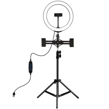 LED žiedinė lempa 26cm su stovu iki 1,1m ir 3 telefono laikikliais, USB