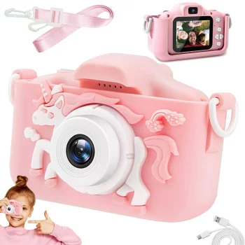 Skaitmeninis fotoaparatas vaikams Unicorn HD 1080P su žaidimais, rožinis