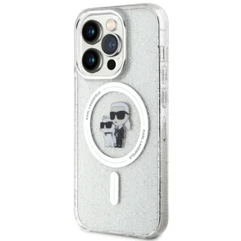 Karl Lagerfeld dėklas iPhone 15 Pro telefonui Karl&Choupette Glitter MagSafe, skaidrus