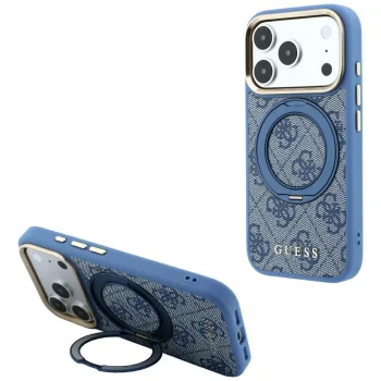 Guess Ring Stand 360 4G Classic Logo MagSafe dėklas iPhone 18 Pro / 17 Pro, mėlynas